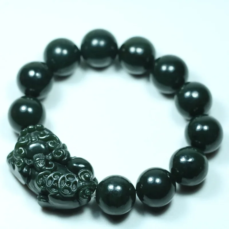 Cuentas de Jade Hetian Natural para hombre y mujer, pulsera elástica Pixiu de 16mm, accesorios de moda, amuleto tallado a mano, regalos