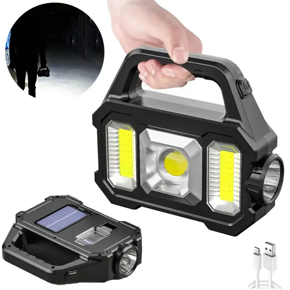 Solar Rechargeable LED Flashlight COB Zoomable Waterproof Tactical Torch Lamp Bulbs Can Charge Mobile Phone Camping Flashlight