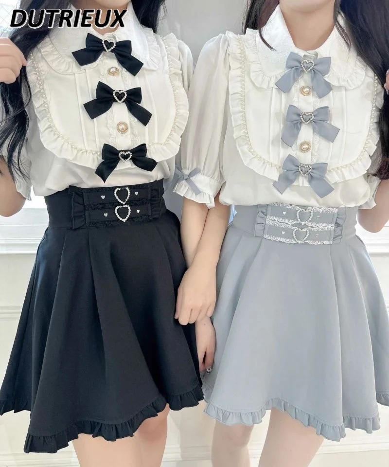 Summer Women's Tops Machine Embroidery Elegant Blouse Japanese Style Bow  Fashion Puff Short Sleeve Chiffon Short Sleeve Shirt