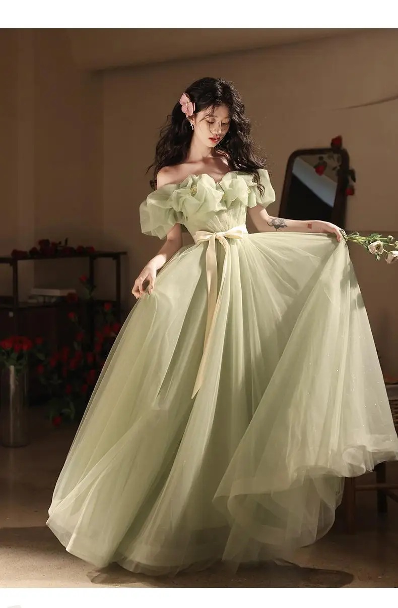 Robe de Soirée Verte à Épaule Dénudée, Tenue de Réunion Annuelle, pour Spectacle d'ret d'Art des Étudiants