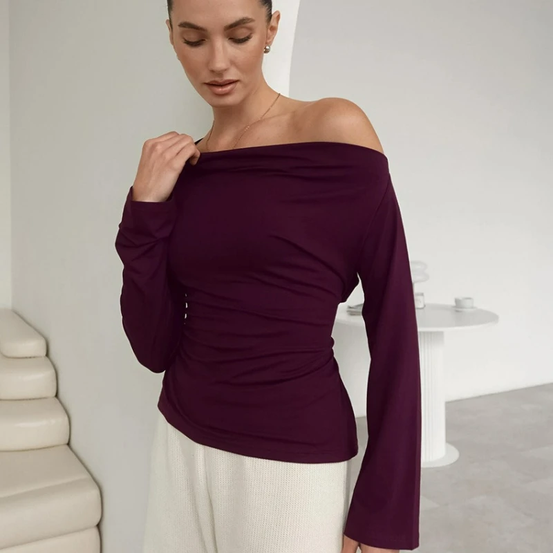 

New Fashion Base Layer Top Spring French-style Off-the-shoulder Stylish Lace-up Waist-cinching Long-sleeved T-shirt for Women