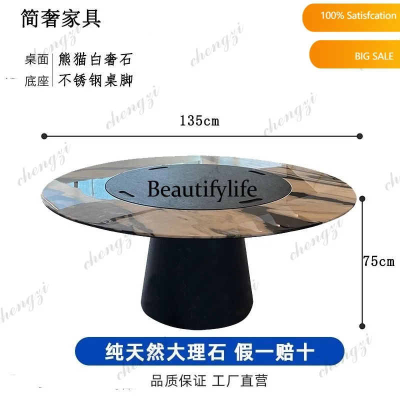 MM45 Natural panda white luxury stone round dining table light luxury solid wood high-end marble dining table with turntable