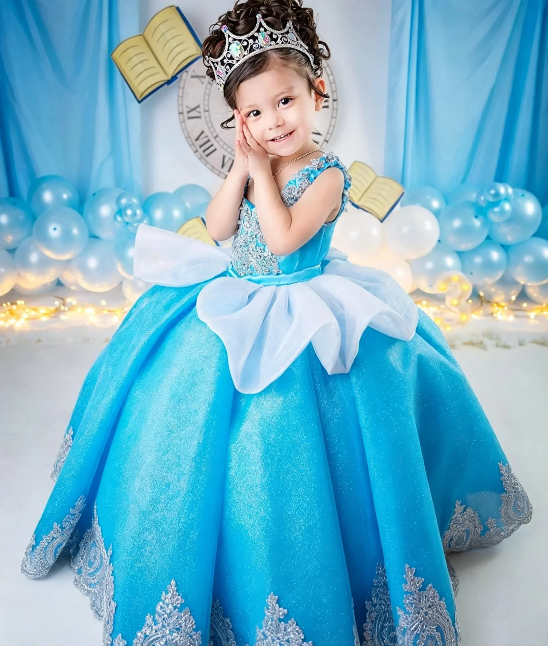 Custom Luxury Dress FlowerGirl Wedding Pageant Cyan Glitter Lace Satin Kid Luxe Birthday Guest Evening Runway Show Ball Gown