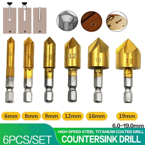 Delysia kral altıgen şaft beş bıçaklı pah kırma aracı altı parçalı 6mm-19mm pah kırma bıçağı ağaç İşleme delik açacağı