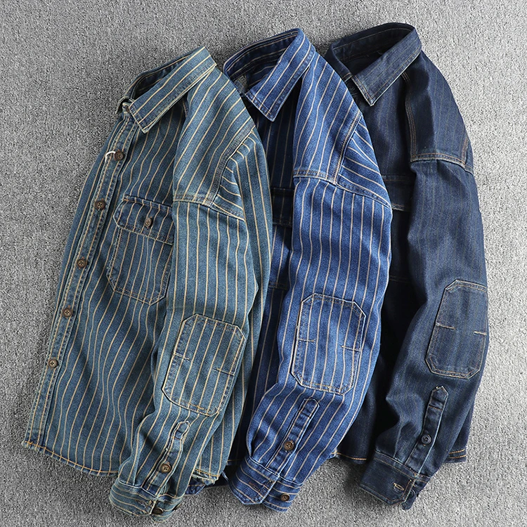 Patch Long Sleeve Amekaji Fashion Vertical Striped Denim Men Shirts Heaveyweight Washed Cotton Coats Casual Cargo Jeans Workwear