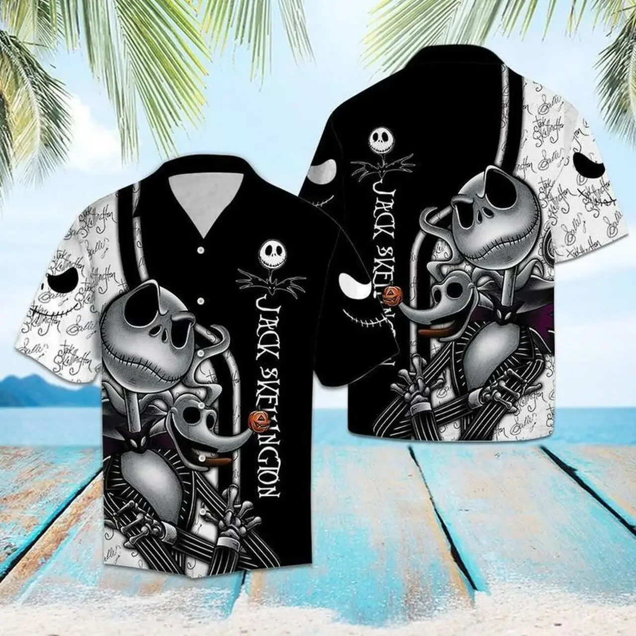 

Disney Jack Skellington Hawaiian Slim Shirt Men Women Summer Crew Neck Short Sleeve Button Shirt Street Casual Tops