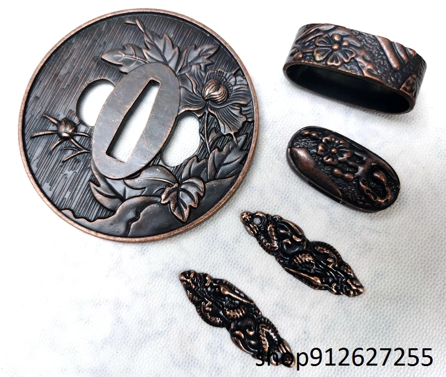 Red alloy flower tsuba fuchi Menuki for Japanese sword katana wakizashi tanto