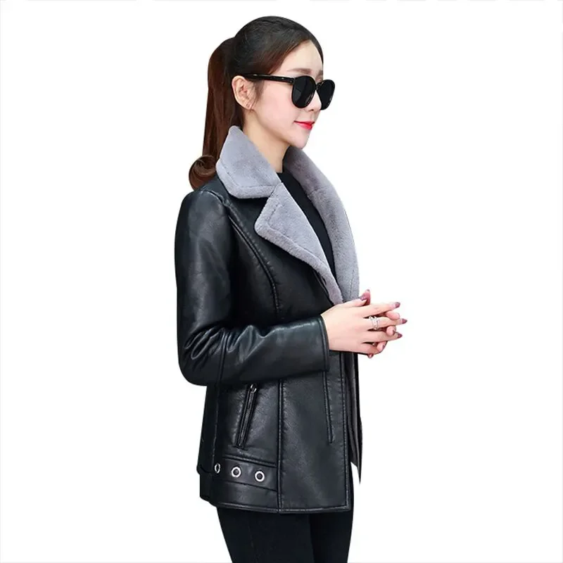Damska kurtka zimowa z ekoskóry PU, krótki blezer, płaszcz z polaru, dwustronna kurtka skórzana z futrem, odzież wierzchnia, nowość 2025