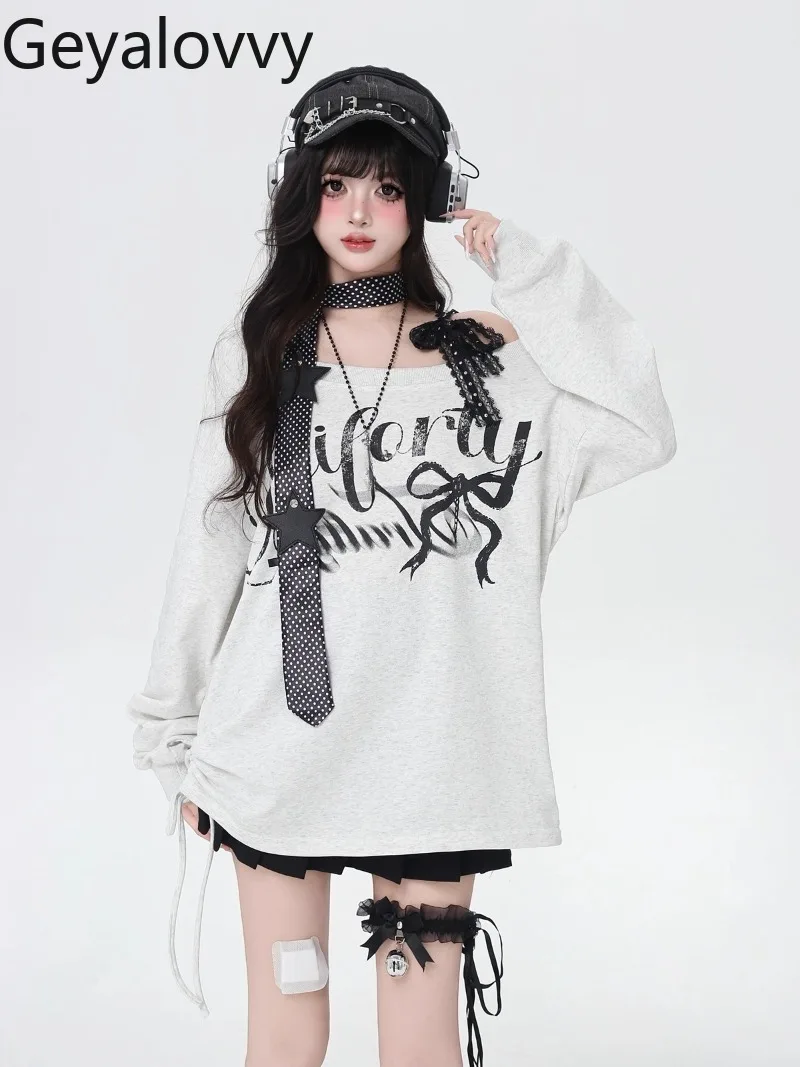 Sweat-shirt à manches longues pour femmes, polyvalent, avec lettres imprimées, doux, épaules dénudées, ample, décontracté, printemps automne