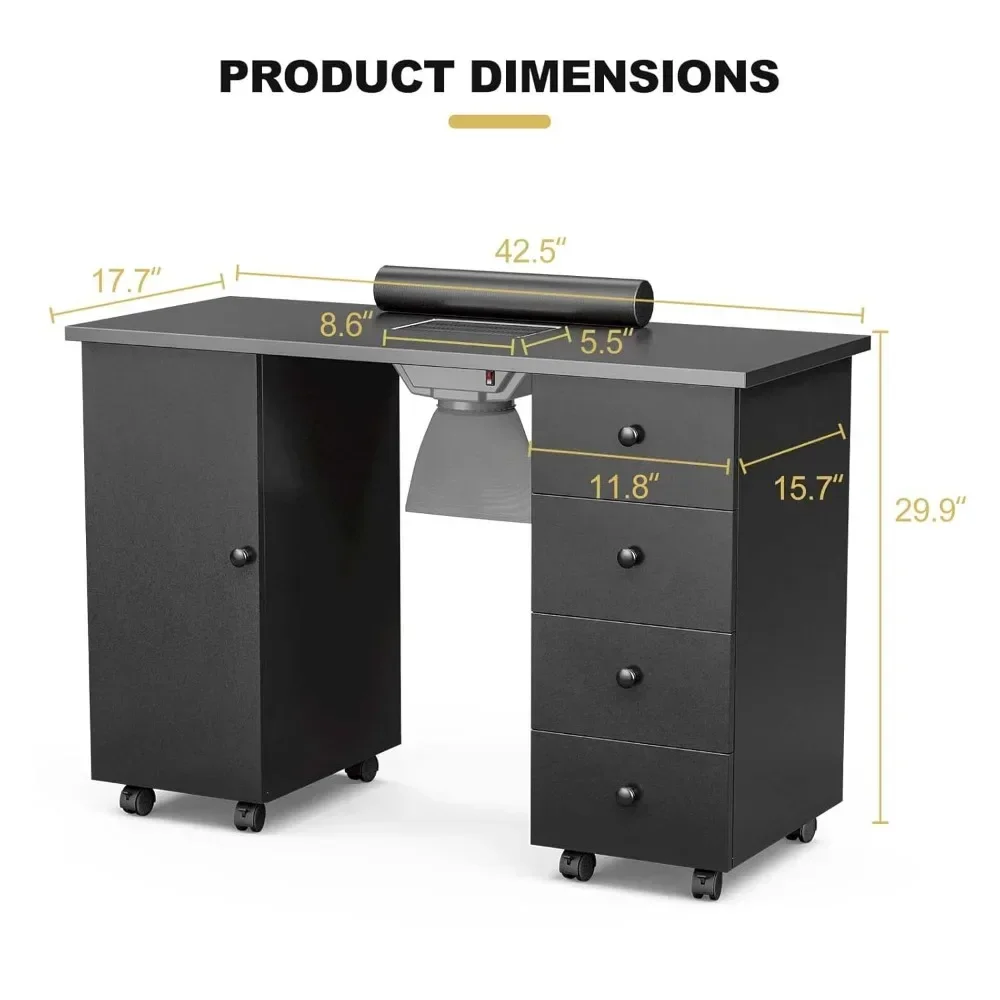 네일 테이블, 네일 기술 테이블, 집진기, 손목 패드, 잠금 가능한 휠, 보관 캐비닛 및 서랍 (검정색)