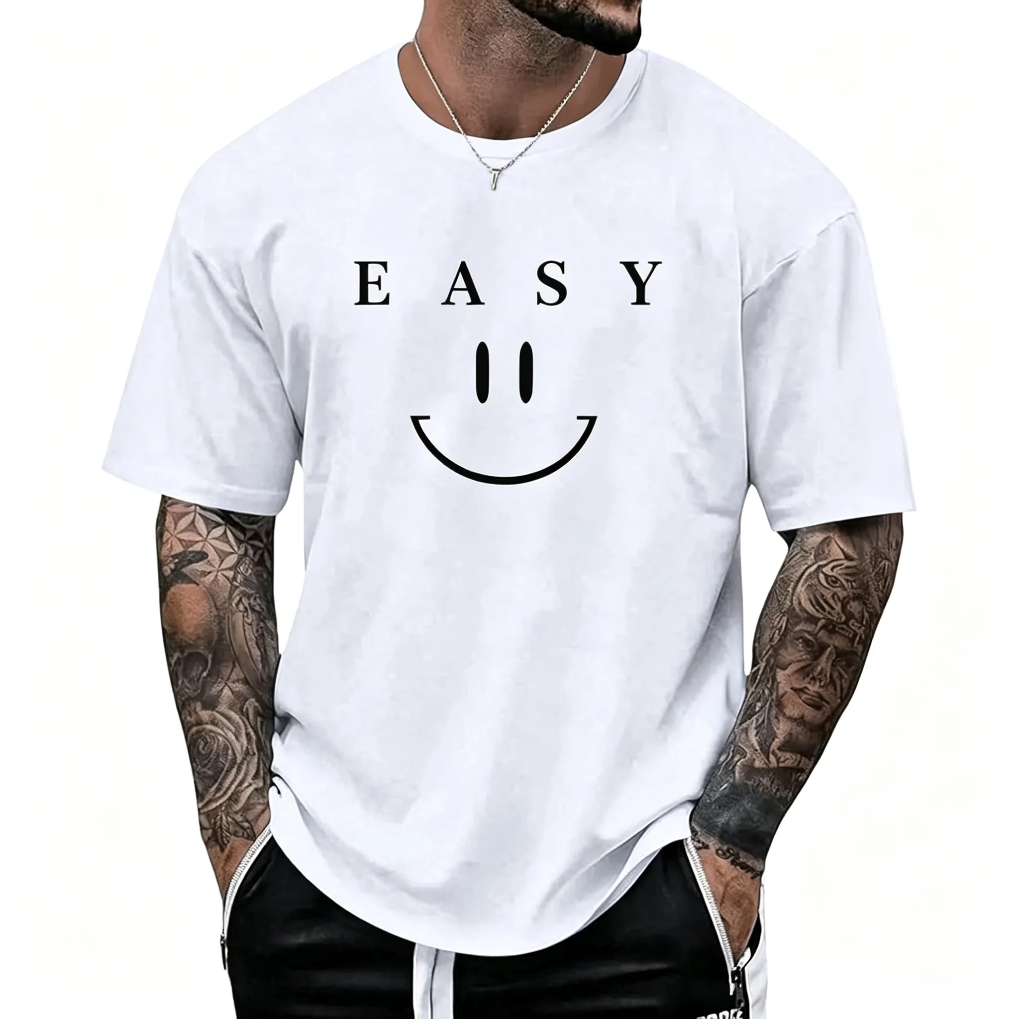 Unisex EASY Minimal Smiley Graphic T Shirt Men Women Simple Letter Print Oversized Crew Neck Short Sleeve Tee Casual Streetwear Cotton Top
