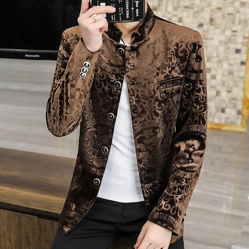 2024 Men\'s Spring New Gold Velvet Casual Printed blazer Youth Stand-up Collar All-Match Fashion Multi-Button   blazers