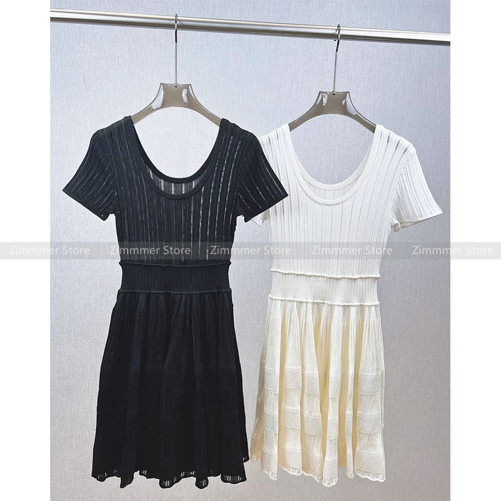 High-end women\'s short-sleeved low round neck knit dress women 2024 summer new patchwork skirt