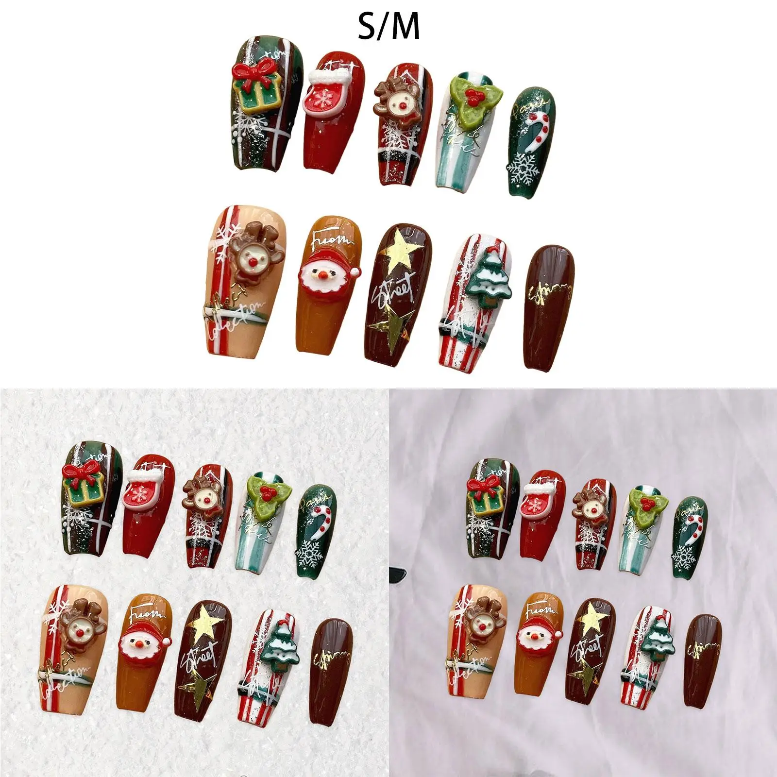 Christmas False Nails Nail Art Decoration Winter Xmas Glue on Nails with Santa Claus and Elk Decor Fake Nails for Women Girls