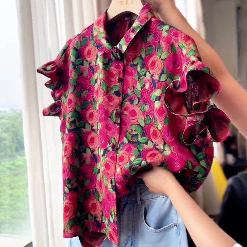 New Chinese Sle High-End Pink ort Sve Women's irt Floral Trim Sve Design Age-Defng Summer 2025 Polyester Fiber