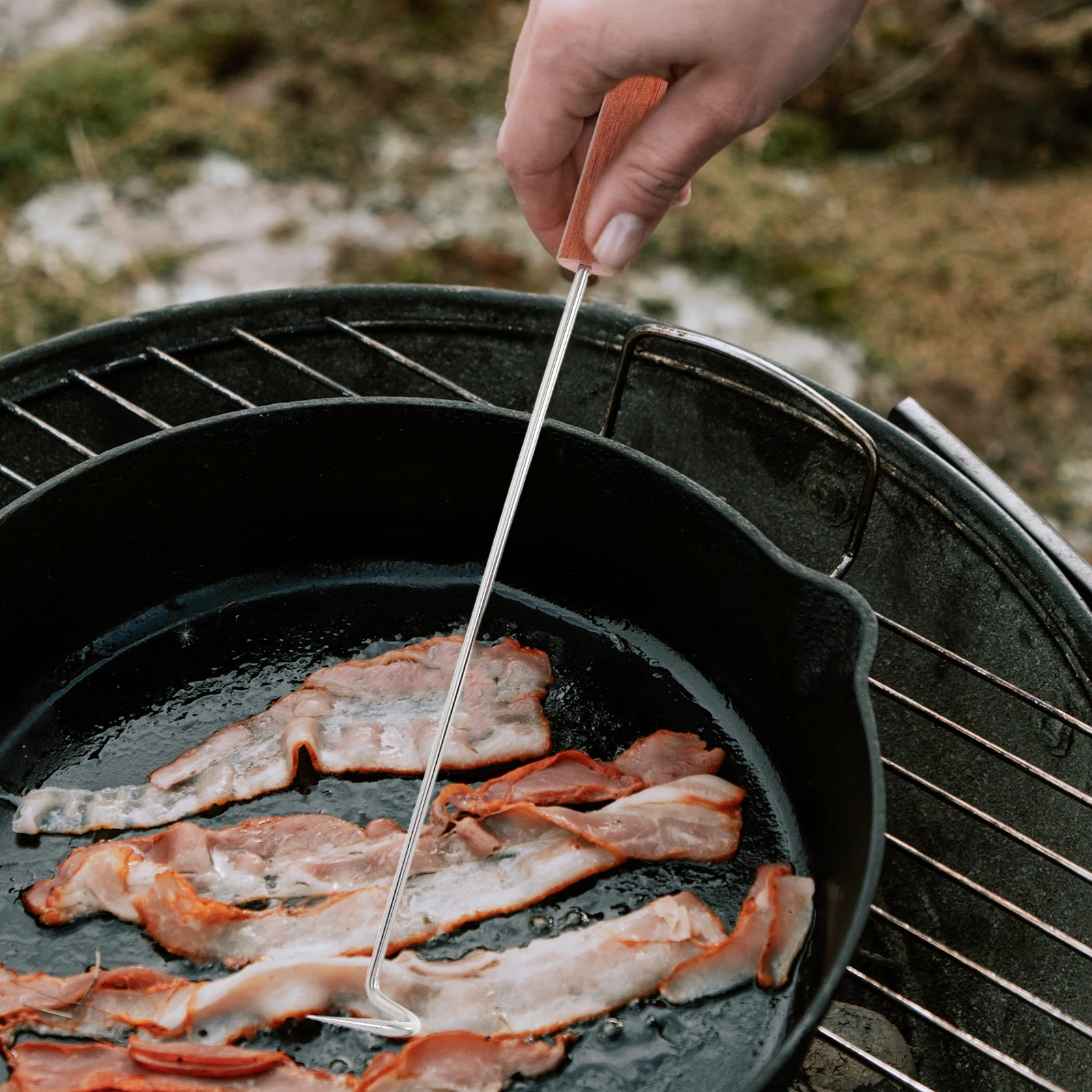 

Stainless Steel Bacon Hook Wooden Handle Durable Bbq Meat Turner For Grilling Cooking Outdoor Kitchen Tools Grill
