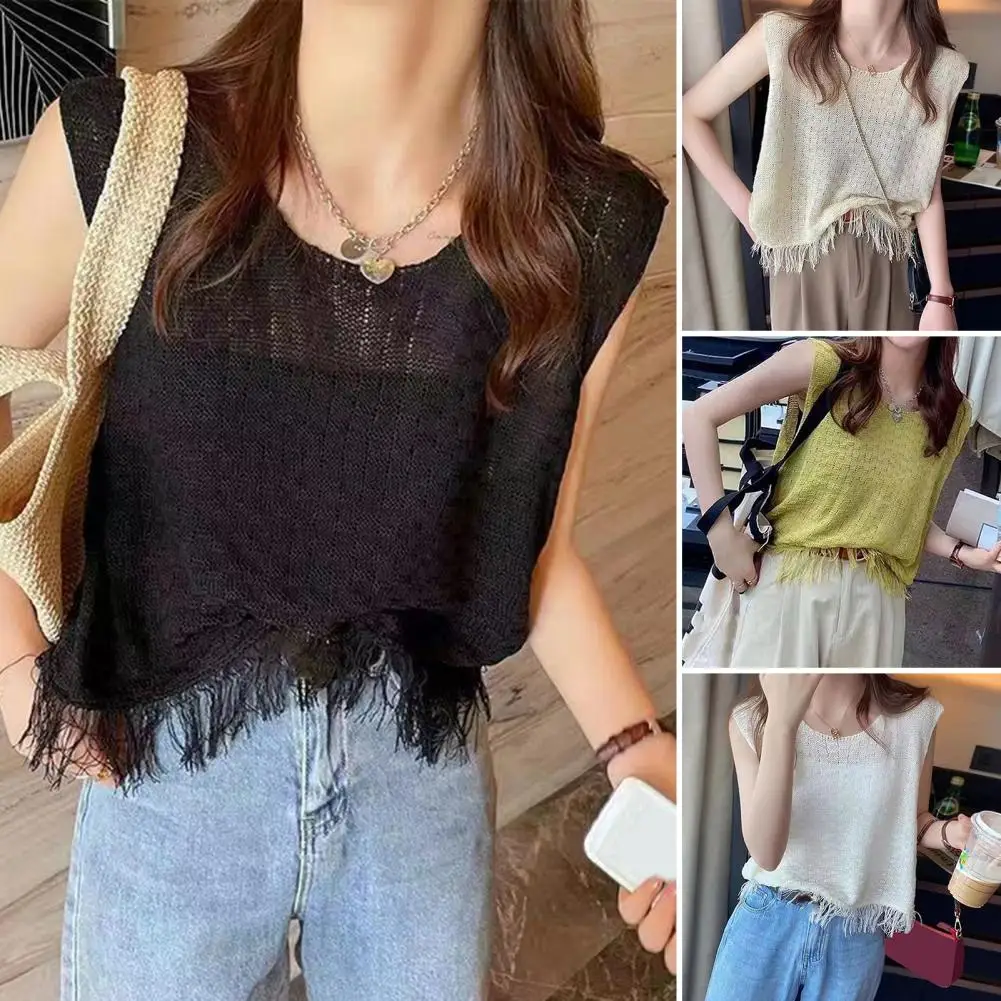 

Elastic T-shirt Stylish Women's Tassel Hem Tank Tops Round Neck Solid Color Knit Camisole for Wear Loose Fit Vest for Summer