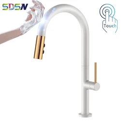 Ouro branco toque misturador da cozinha qualidade 304 aço inoxidável pull down torneira da cozinha sensor inteligente retirar torneiras de cozinha