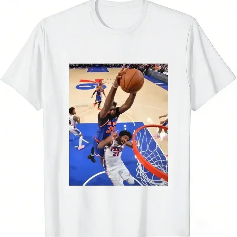 Basketball  T-Shirt] Mitchell Robinson Dunks On Joel Embiid Graphic T-Shirt – Unisex New York Basketball Fan Tee, Cotton Game Day Streetwear Shirt for Men & Women