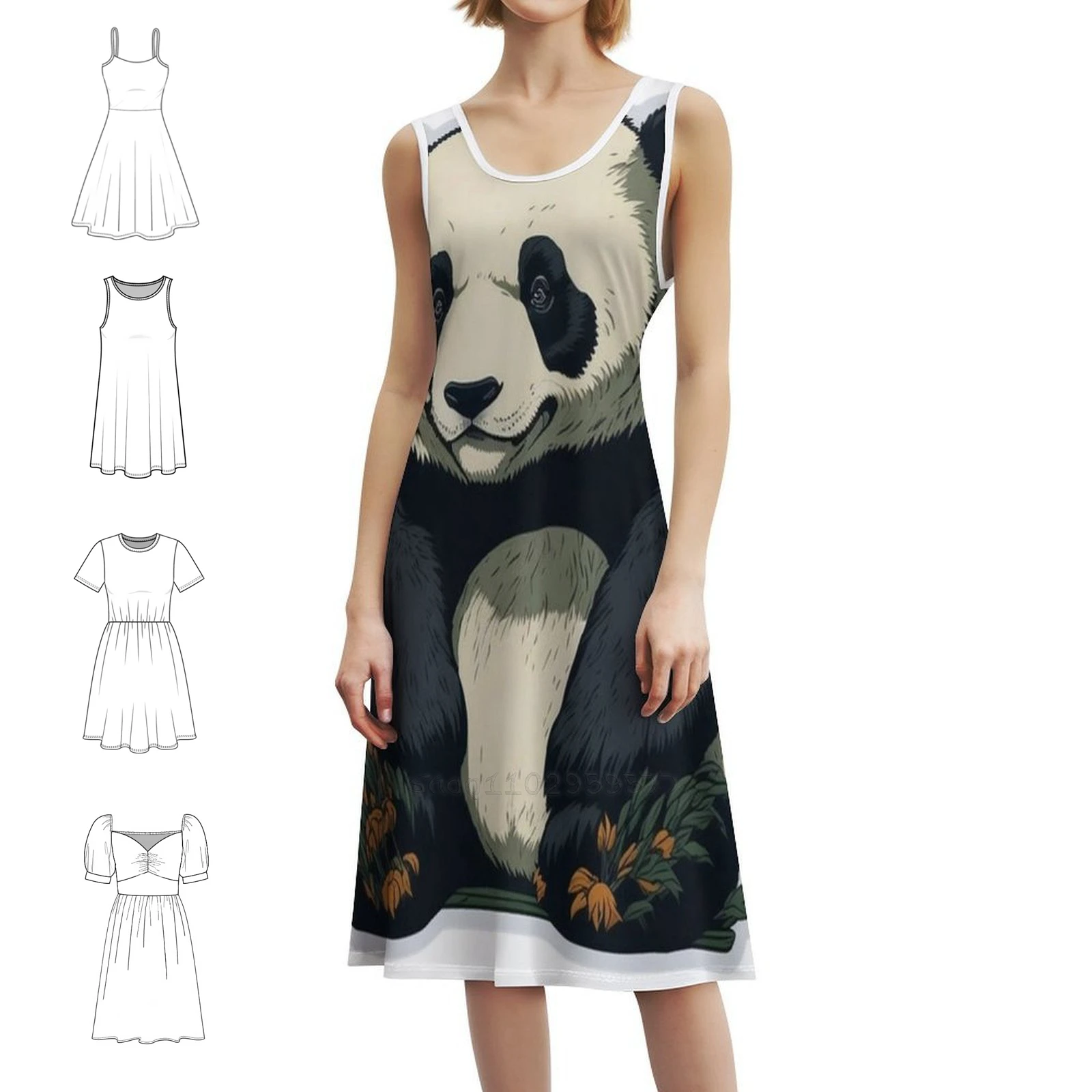 Cute Little Panda Bohemian Sleeveless Dress Multi-Print Beach Vacation Party Dress Cute Little Panda Drawing Cute Little