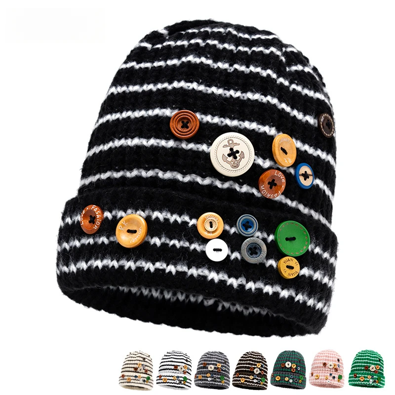 Women's Pullover Knit Hat Acrylic Striped Beanie with Colorful Button Accents Perfect for Fall and Winter 54-60cm