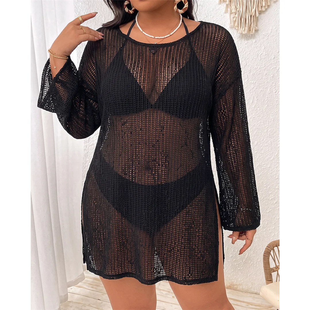 2026 Langarm-Stricktunika mit durchsichtigen Elementen, Strand-Cover-up, Strandkleid, Strandmode, Damen V8428 – Detail 4