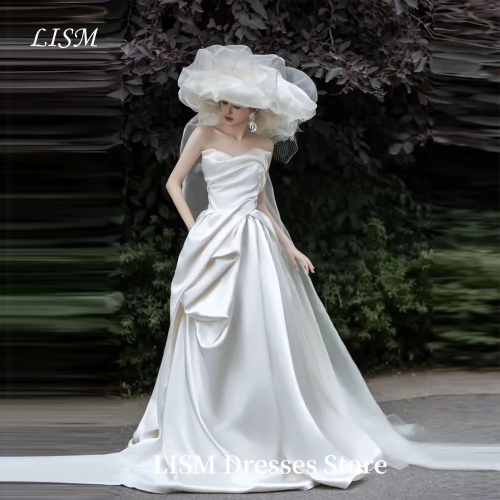 

LISM Simple A-Line Korea Wedding Dresses Sleeveless Silk Satin Floor Length Elegant Bridal Gowns 웨딩드레스 Customized Corsets
