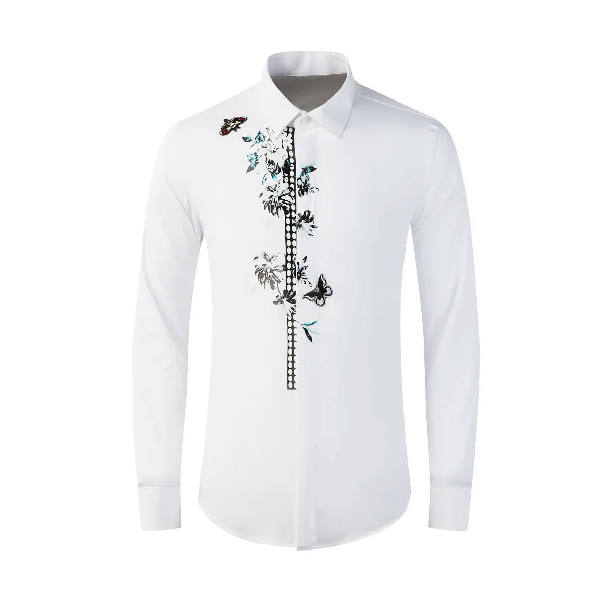 Camellia picture butterfly logo men's shirt long sleeved fashionable slim fit cotton spinning top factory