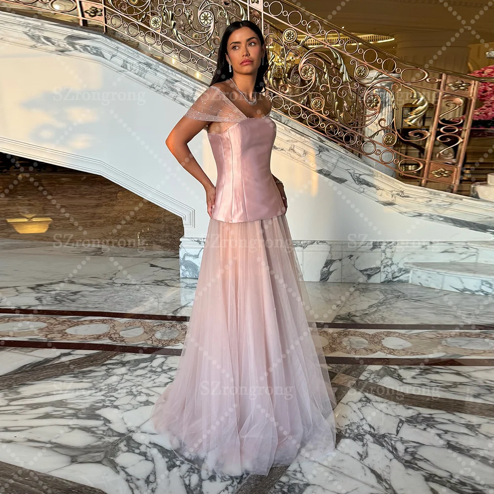 Suknia wieczorowa na zamówienie, różowa, na ramiączkach spaghetti, z tiulu, o kroju litery A, bez pleców, do ziemi, na studniówkę/imprezę, z couture.