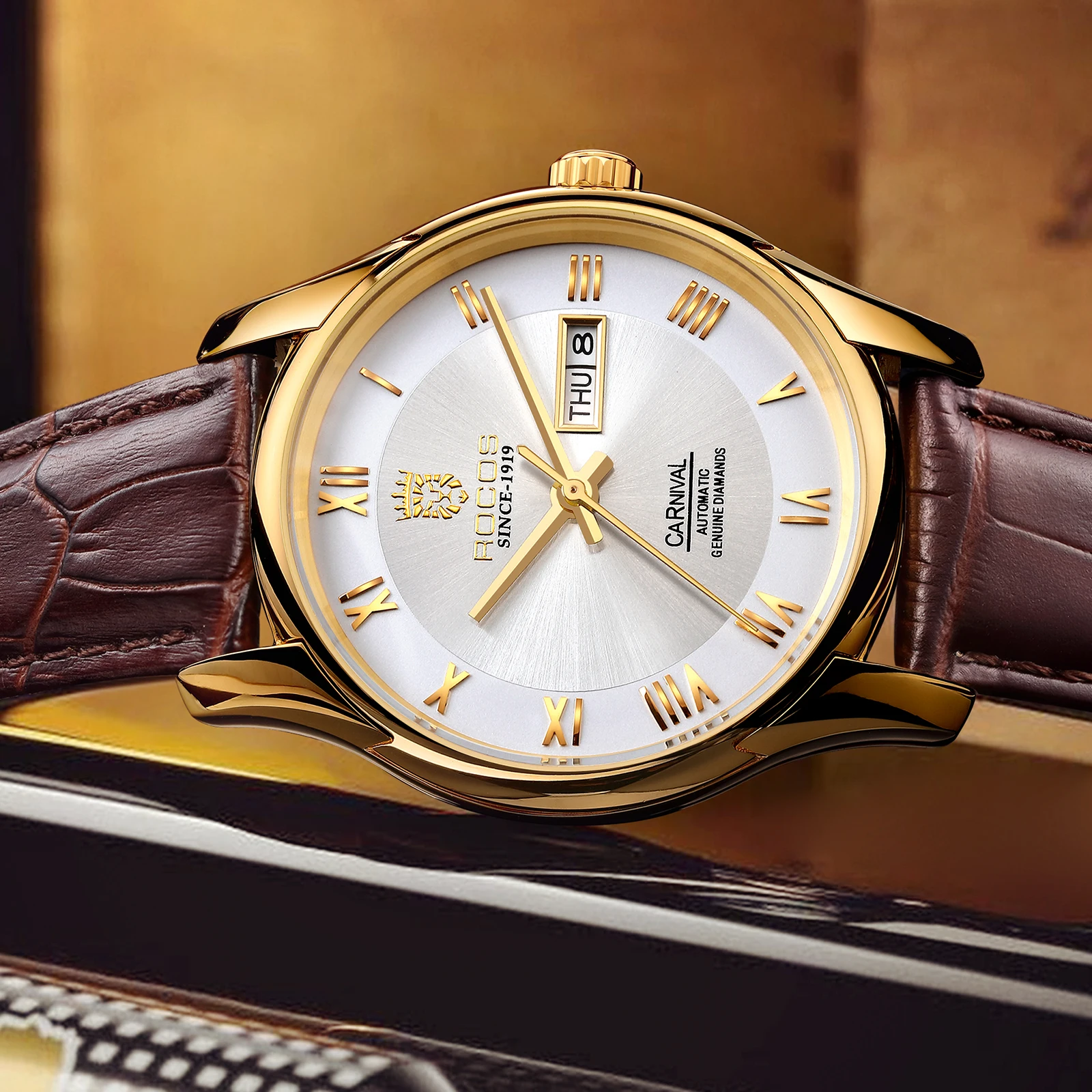 ROCOS Men's Mechanical Watch, Brown Strap, Men's Business Watch, Roman Numeral Automatic Watch with Day and Date Display