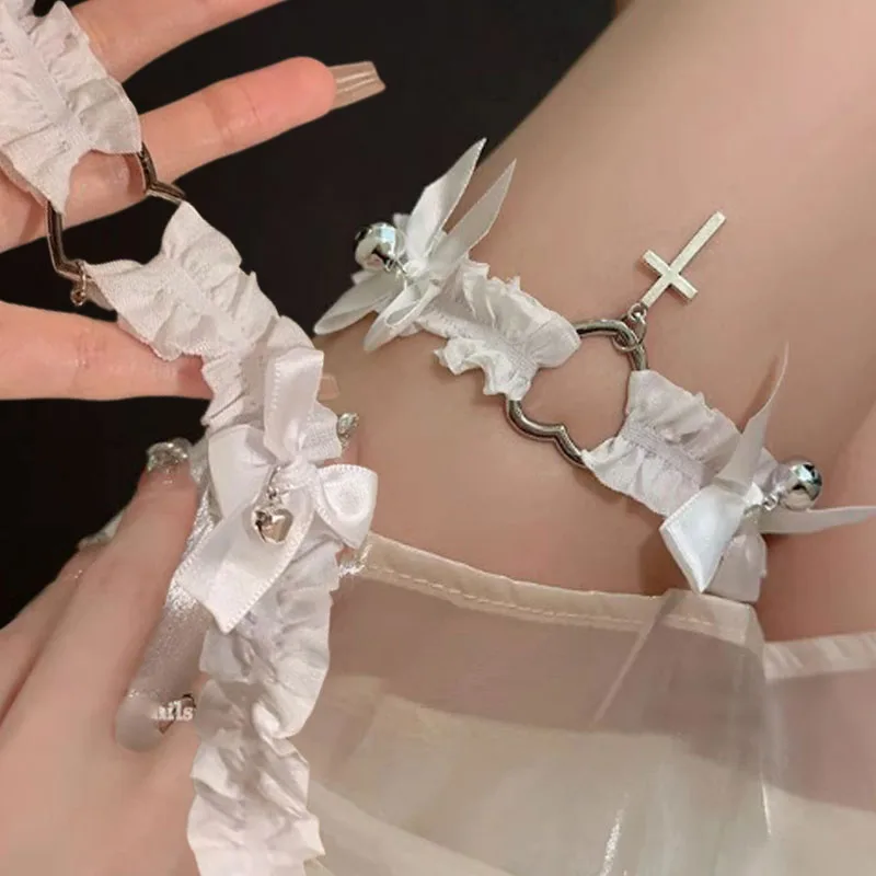 Women\'s Lace Garter White Black Belt Heart Cross Punk Leg Ring Adjustable Garters Bow Bell Cosplay Sexy Lingerie Harness Stocks