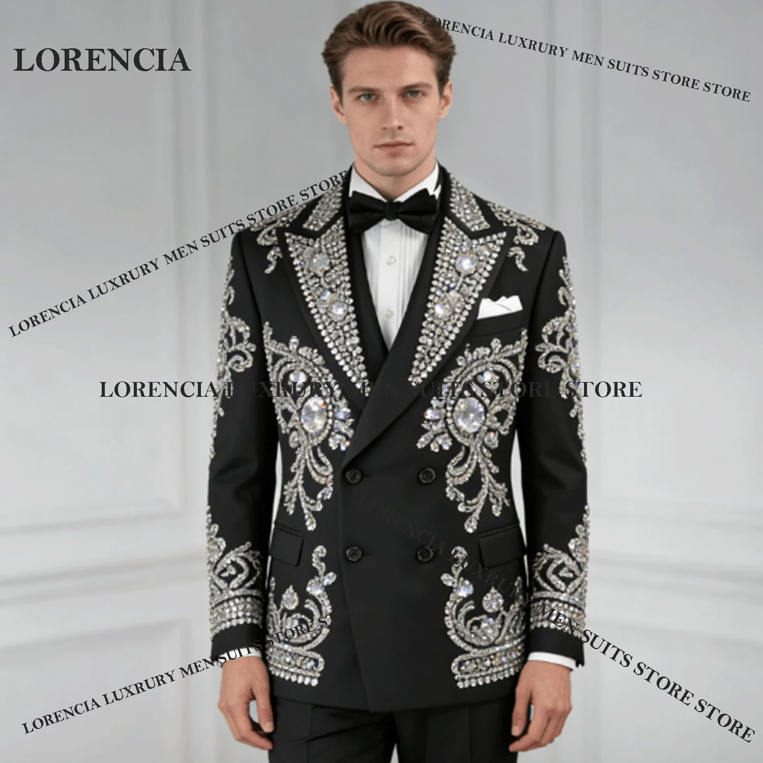 

Мужской костюм на заказ с двойным рядом пуговиц, элегантный, с кристаллами, 2 предмета, для жениха, мужские блейзеры, роскошные приталенные свадебные смокинги