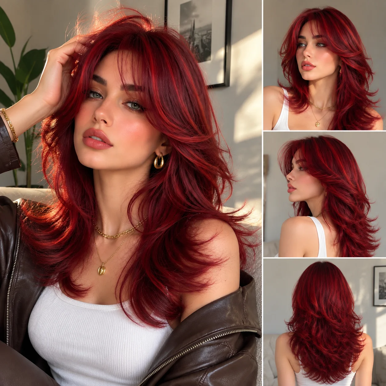 Burgundy Long Layered Wavy Wig with Red Highlights for Women, Wolf Cut Synthetic Hair Wig with Curtain Bangs, Heat Resistant Fac