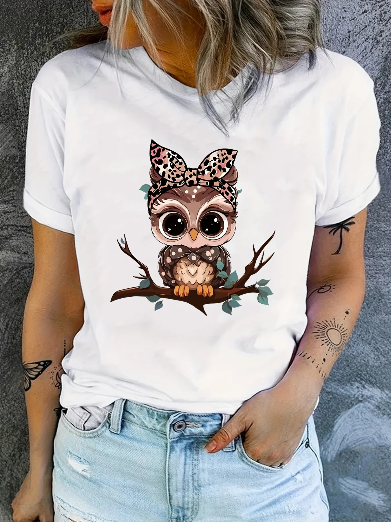 Owl Print Crew Neck T-Shirt, Casual Short Sleeve Top For Spring & Summer, Women's Clothing