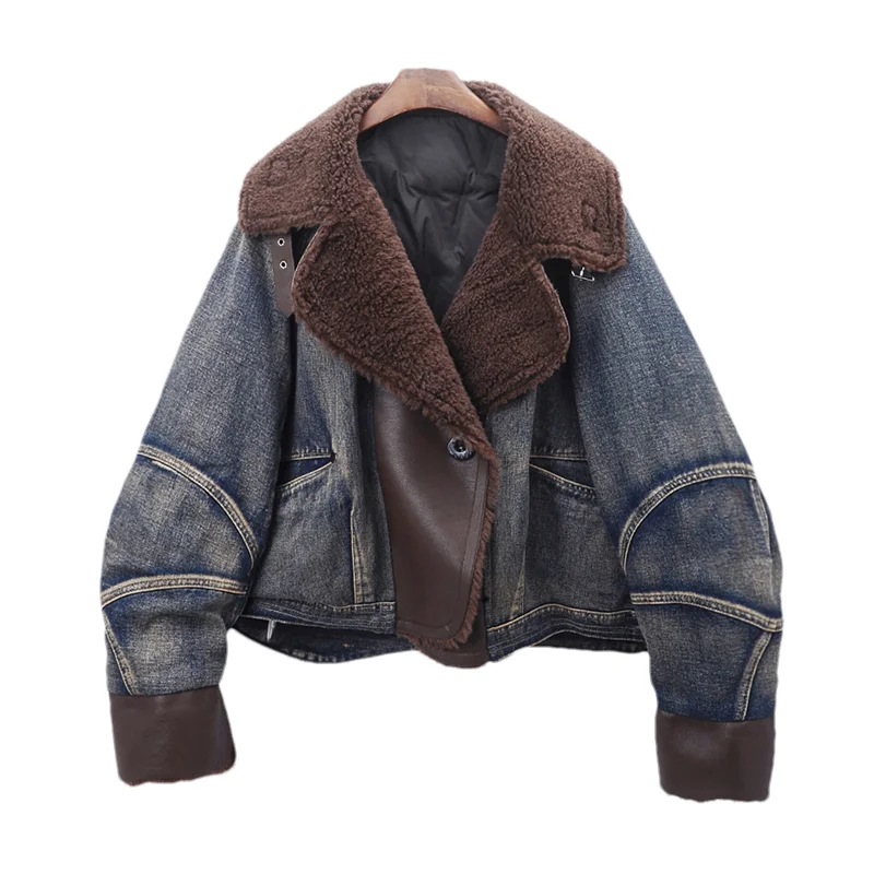 Korean Faux Pu Leather Patchwork Women Denim Jacket Fashion Lambswool Lapel Thick Warm Down Liner Winter New Female Jeans Jacket