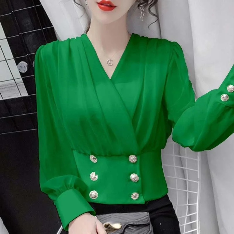 2024 Autumn New Long Sleeve Chiffon Shirt Elegant and Fashionable Waist Wrapped Bubble Sleeve Short Bottom Shirt Top N133