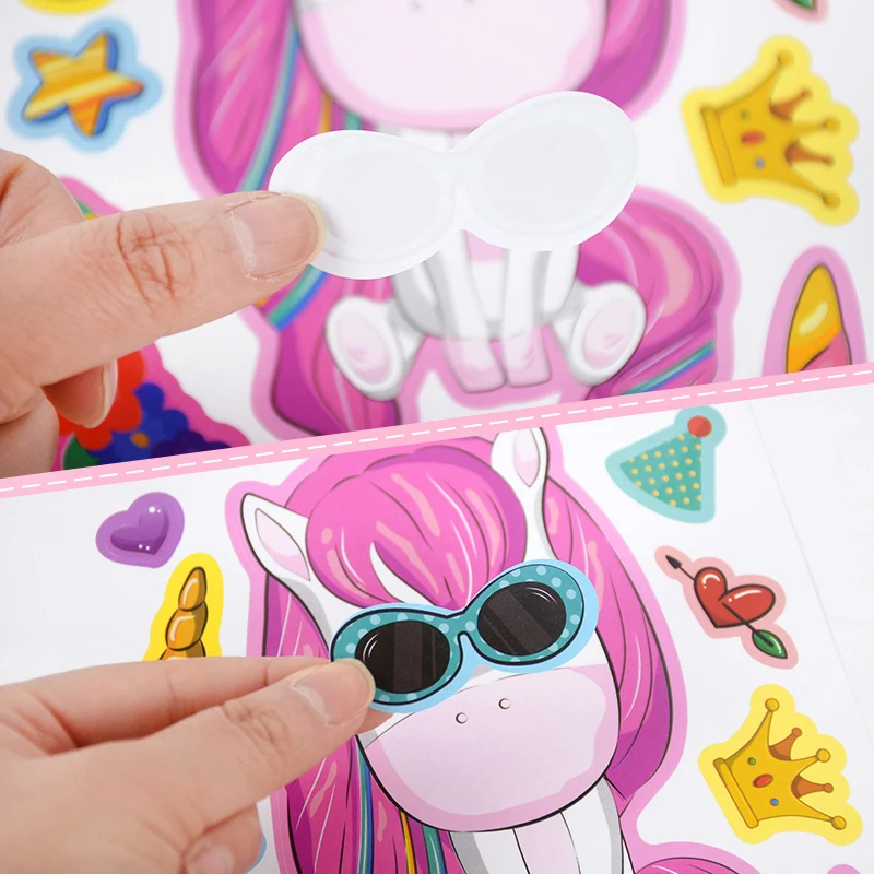 6Sheets Cartoon Unicorn Puzzle Stickers Funny DIY Assemble Pony Face Stickers Kids Girls Favors Jigsaw Toys Game Birthday Gifts