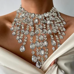 Fashion Maxi Clear Crystal Choker Necklace for Women Long Tassel Statement Necklace Pendants Chunky Collar Jewelry Wholesale