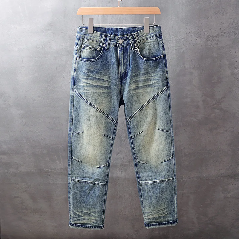 

American retro vintage patchwork wide leg jeans for men, straight tube loose fit, trendy and nostalgic pants