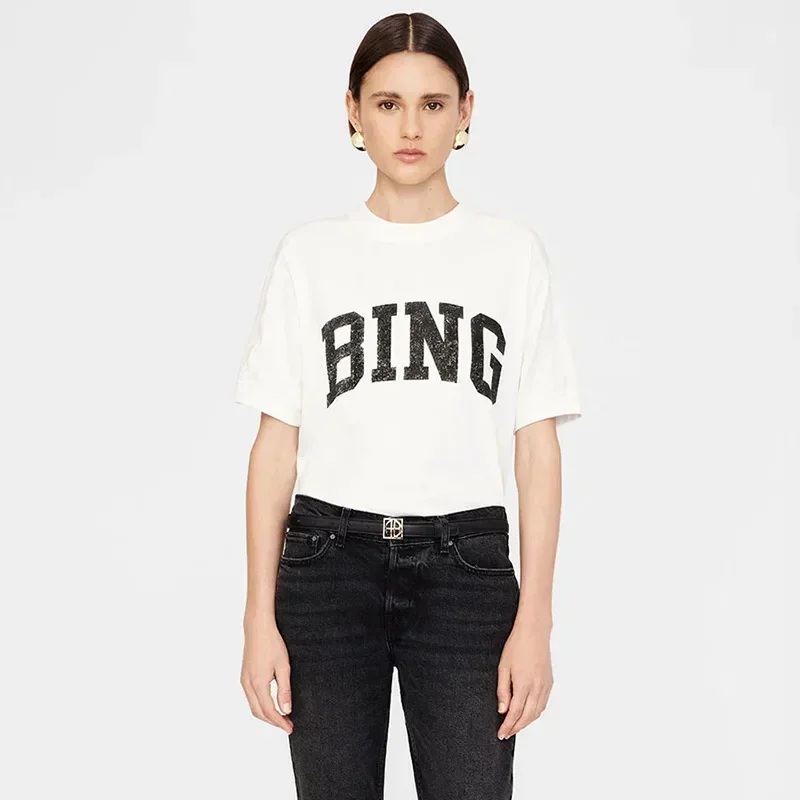 AB Classic Letter White Cotton T-Shirt with Sand Point Printing for Women from the 24 Summer Collection