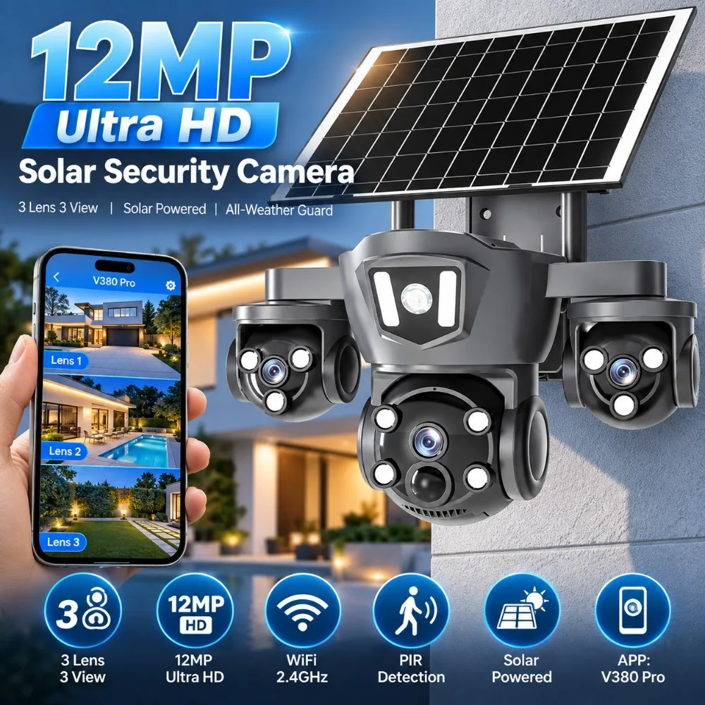 15MP Solar Wifi Camera Outdoor 3 Lens 3 Screen PIR Human Detect IP66 Waterproof Night Vision CCTV Security Surveillance Cameras