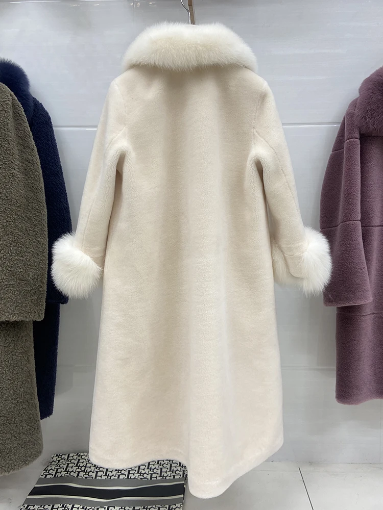 New Arrival Women Autumn 100% Sheep Fur Woolen Long Coat With Natural Fox Fur Collar and Cuff Long White Wool Thick Overcoat