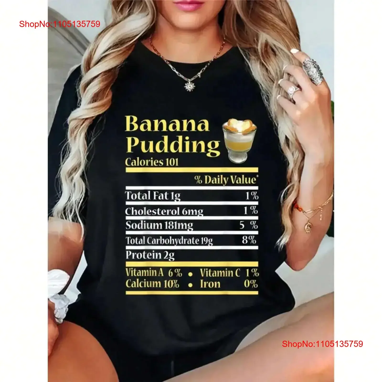 Camiseta divertida con diseño de etiqueta nutritiva de pudín de plátano para mujer, ropa informal holgada vintage lavada, ropa de calle cómoda y estirada