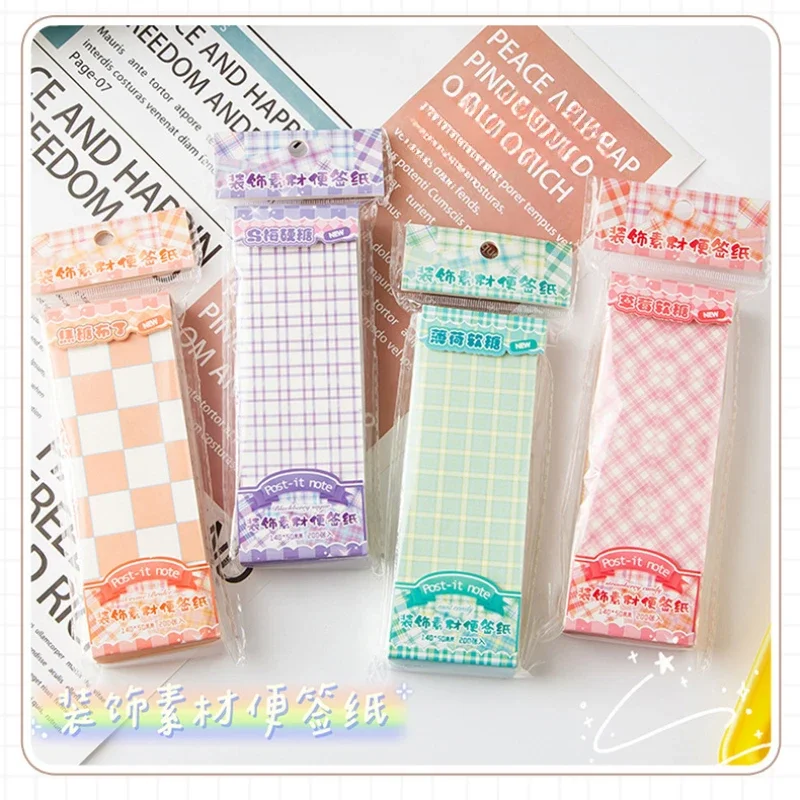200 Sheets Cute Plaid Note Paper Tearable Non-sticky Decorative Material Long Rectangle Colorful Grid Memo Stationery