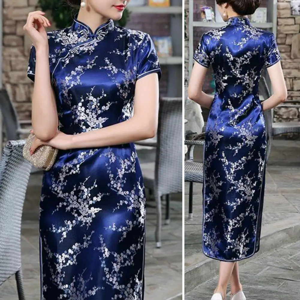 Chinese Women Qipao Chinese National Style Floral Embroidery Cheongsam Elegant Stand Collar Dress with Side Split for Summer