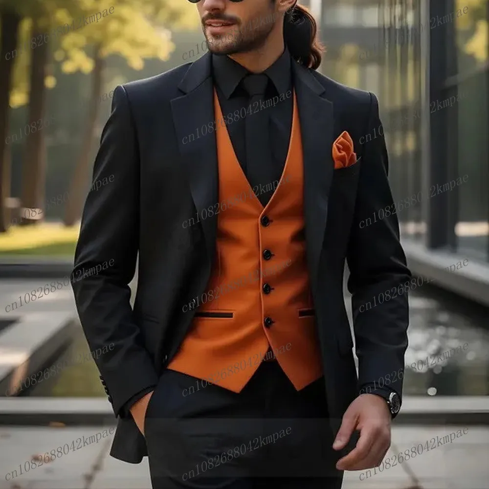 

New Black And Orange Formal Men Suit Groom Groomsman Wedding Party Prom Business Male Tuxedos 3 Piece Set Blazer Vest Pants