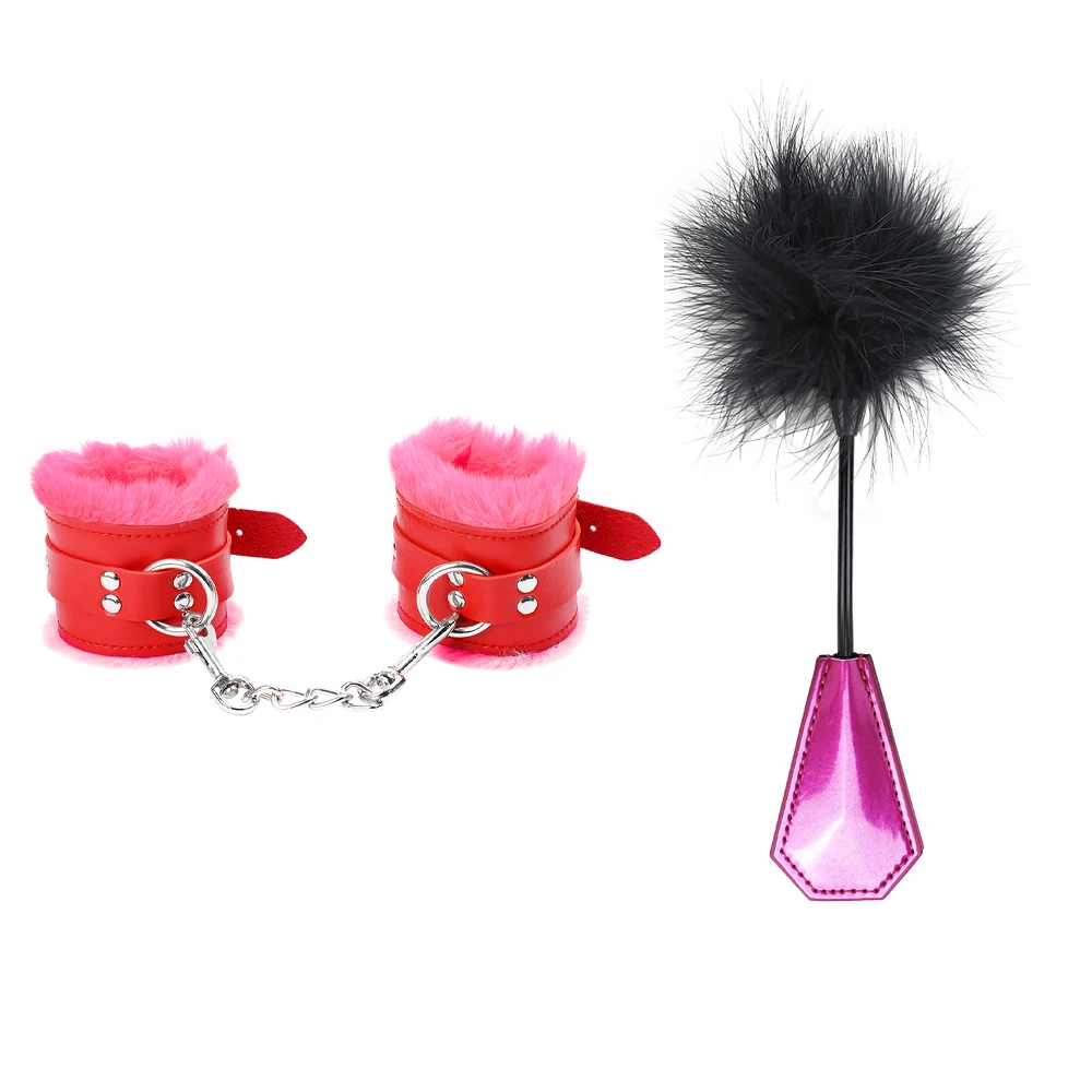 BDSM Adult Sex Play Toys 2PCS of Bondage Kit Punishment Set Furry Leather Cuffs with Spanking Paddle Tickle for Women and Couple