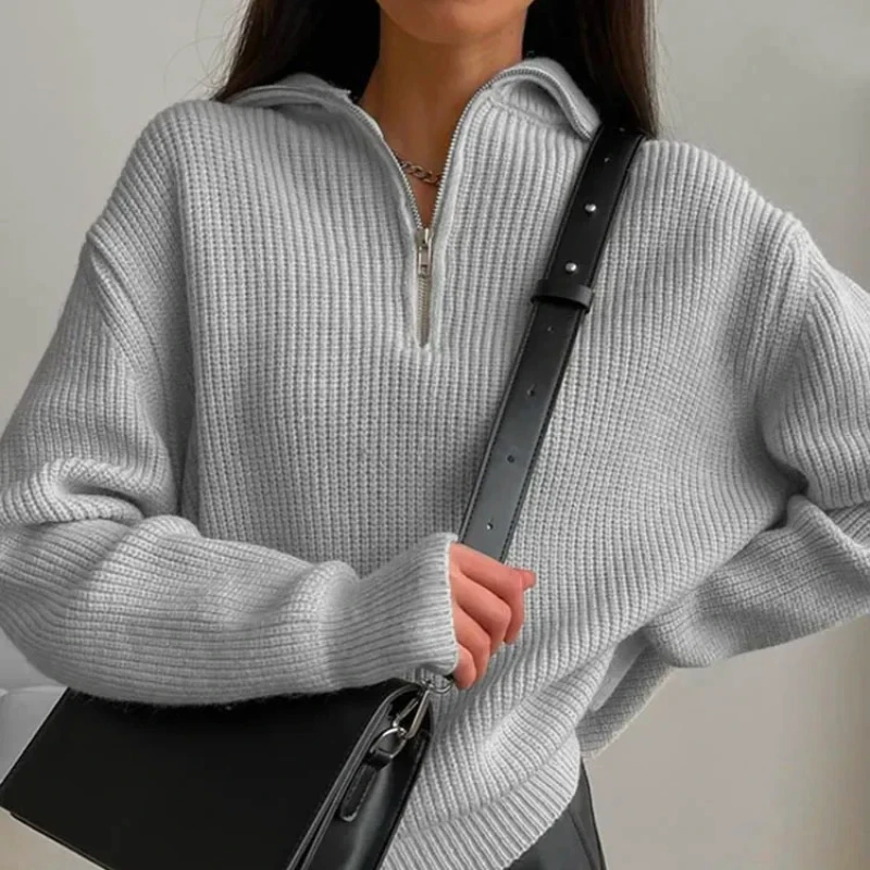 

Women's Fashion Turtleneck Pullover Sweater Long Sleeve Casual Knitted Loose Fit Solid Color Zipper Detail Winter 2025