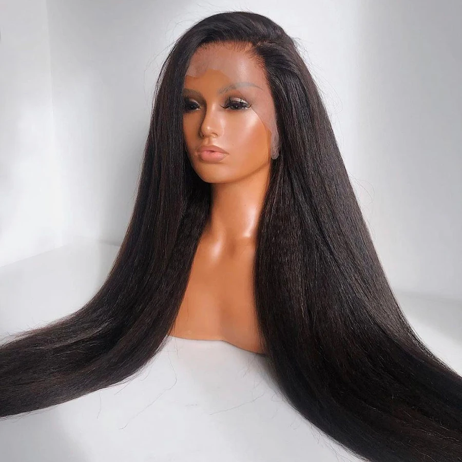 Macio 26 Polegada 180 densidade natural preto yaki kinky em linha reta longa peruca dianteira do laço para preto feminino cabelo do bebê preplucked sem cola diariamente