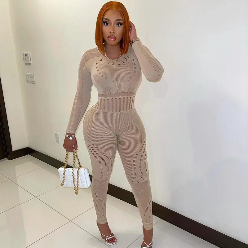 

Women Fall Outfit Sexy New Knitted Pencil Jumpsuit Hollow Out All In One Overall Monos Mujer Party Street One Piece Attirewear